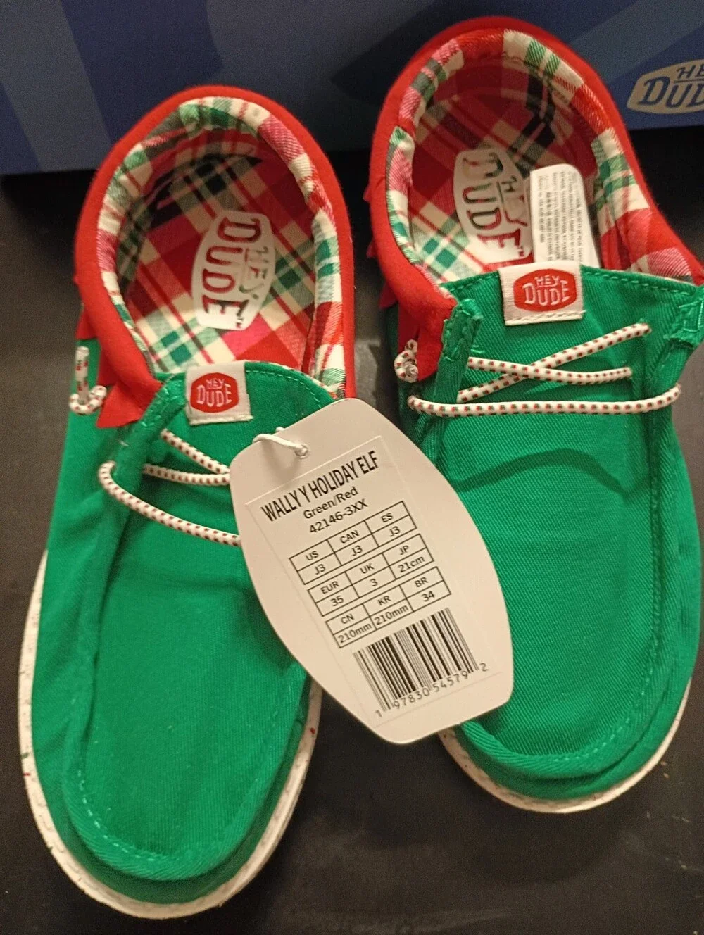 Hey Dude Kids' Wally Holiday Elf Shoes Green/Red Size 3J New With Tags